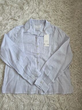 C&C California 100% Linen Striped Button Down Shirt Blue White Size M